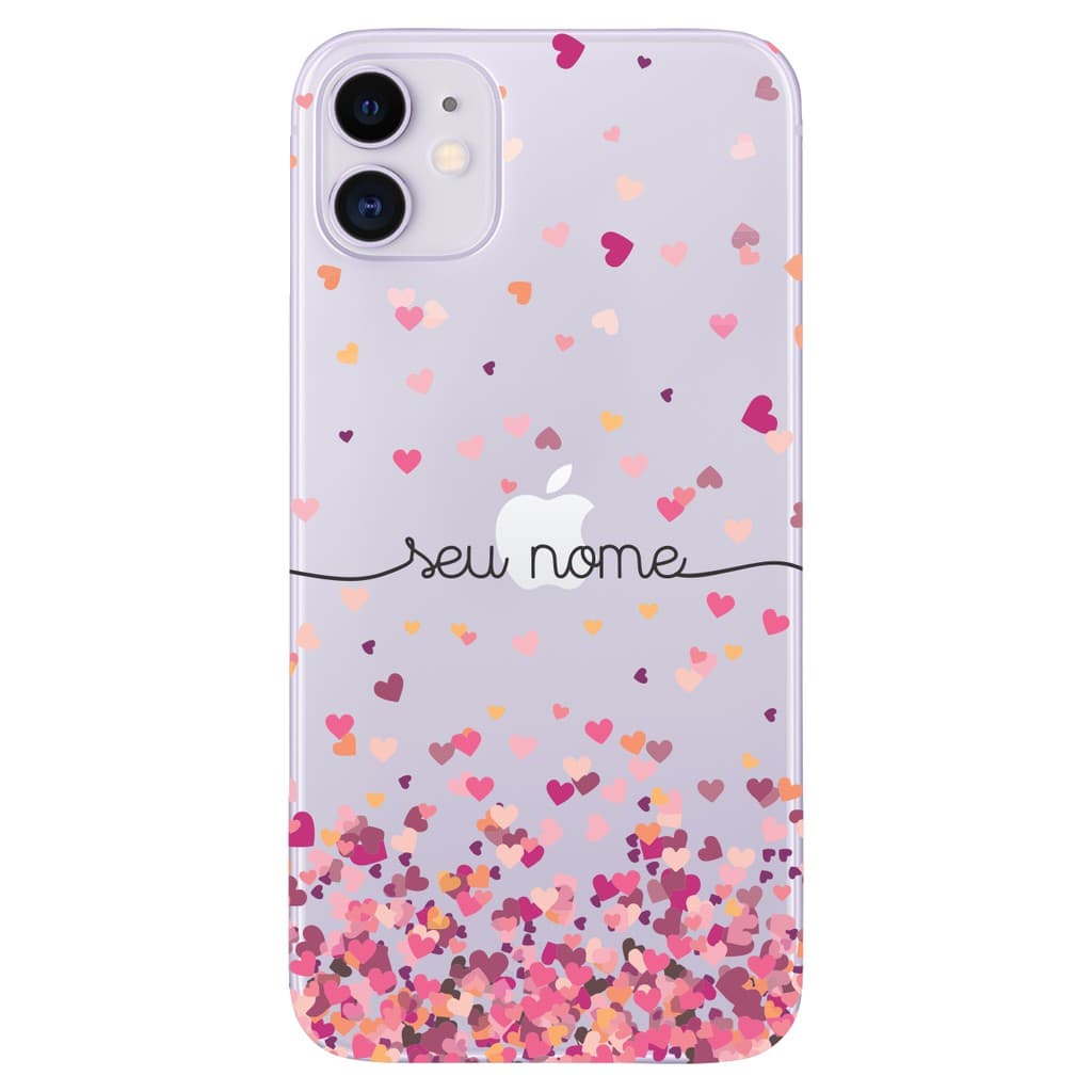 Capinha Anti Impacto Personalizada iPhone 11  - Chuva de corações rosa com nome