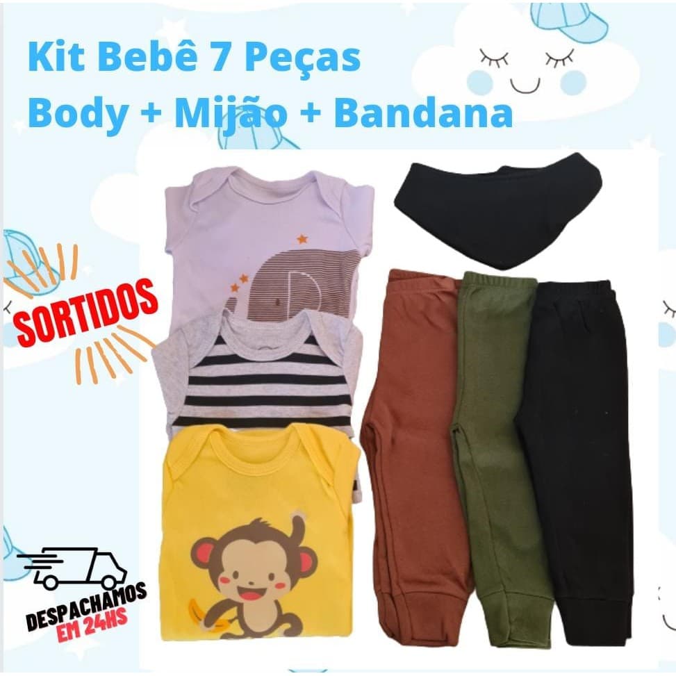 Kit Body Bebê 7 Peças Menino Body Manga Curta Longa + Mijão + Bandana 100% Algodão  Estampas Sortidas Tamanho P M G e GG Enxoval Recém-nascido Roupa de Bebê Barata
