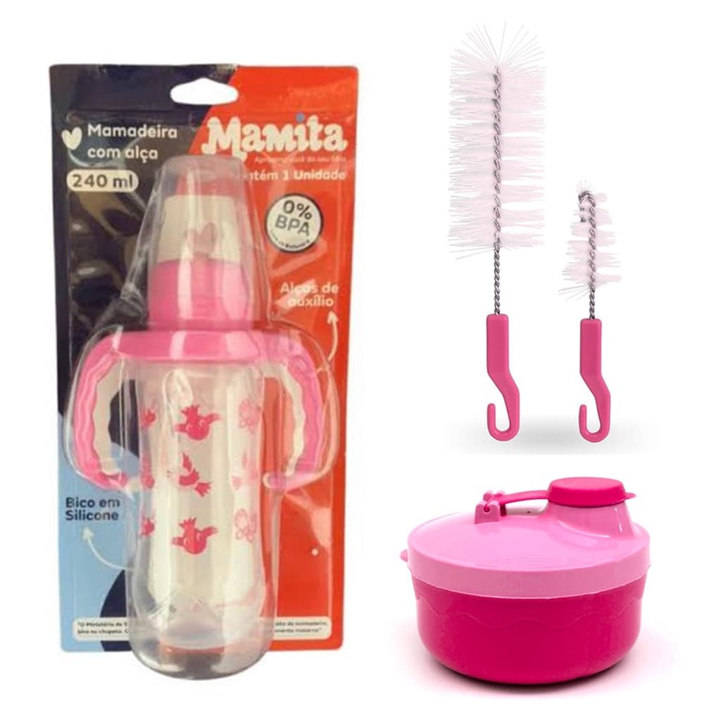 kit amamentação bebe, mamadeira com alça, escova de lavar mamadeira e porta leite