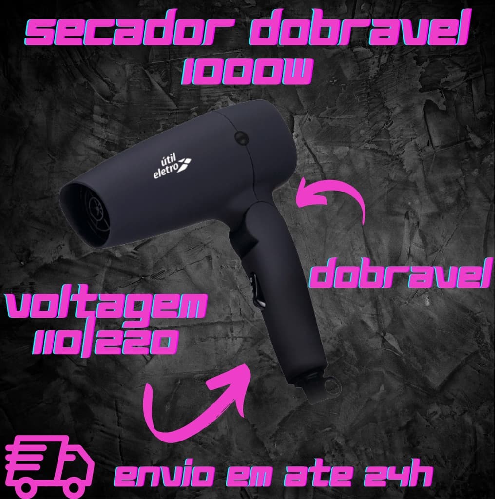Secador de Cabelo Dobravel com 1000w viagem pratico pet Profissional 2 velocidades