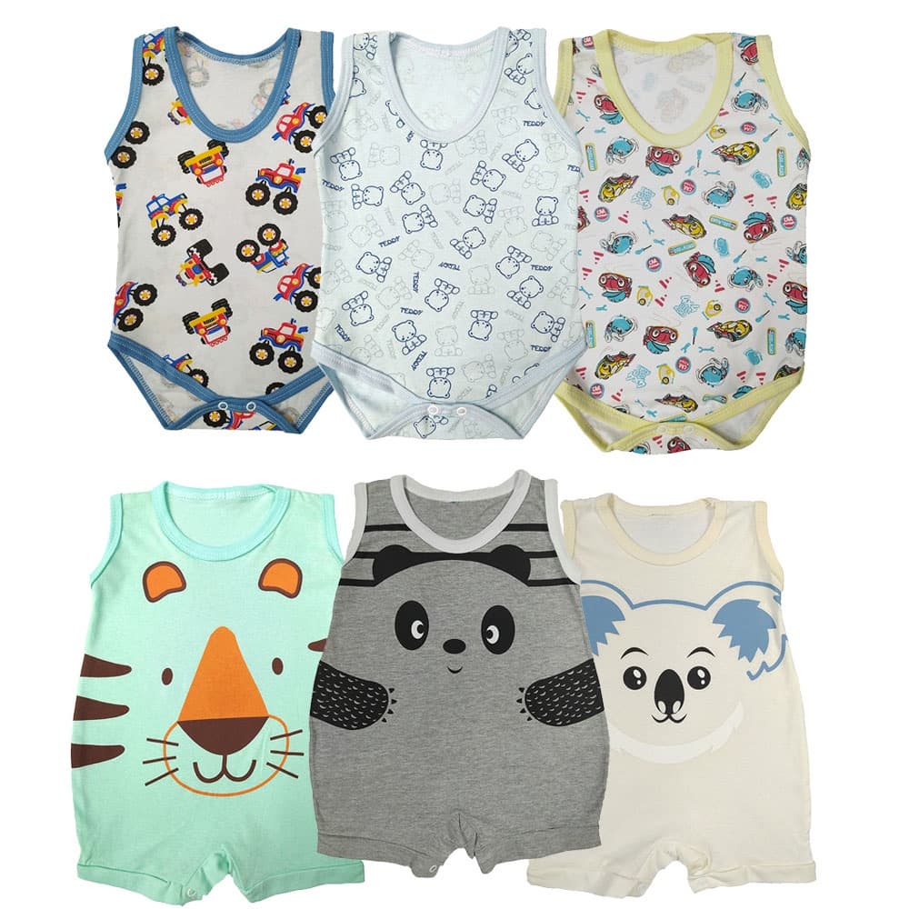Kit Bebê 6 Pçs Macaquinho Banho de Sol e Body Regata Enxoval