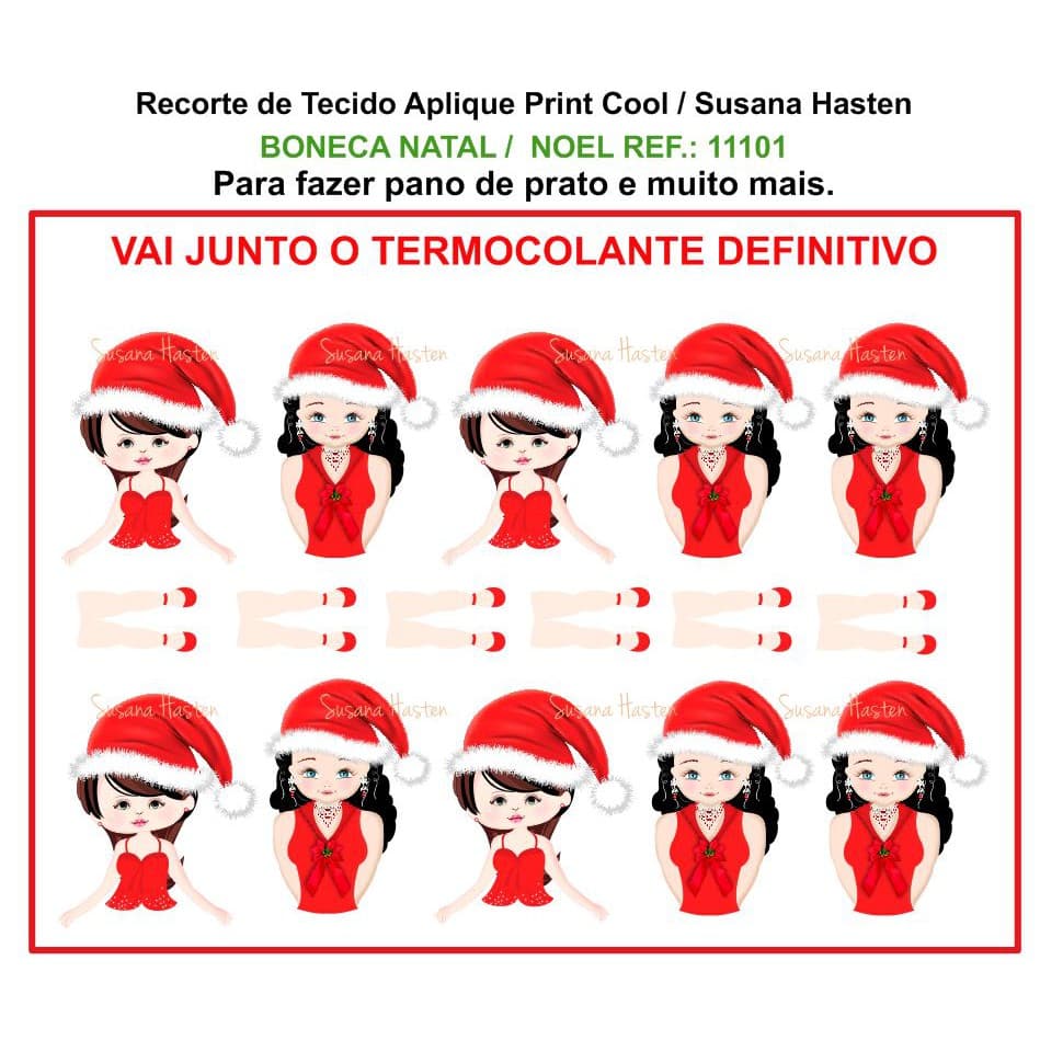 Tecido com 10 Bonecas De Natal Para Patch Aplique / Patchwork _ Termocolante Definitivo Para Roupas Ref.:11101