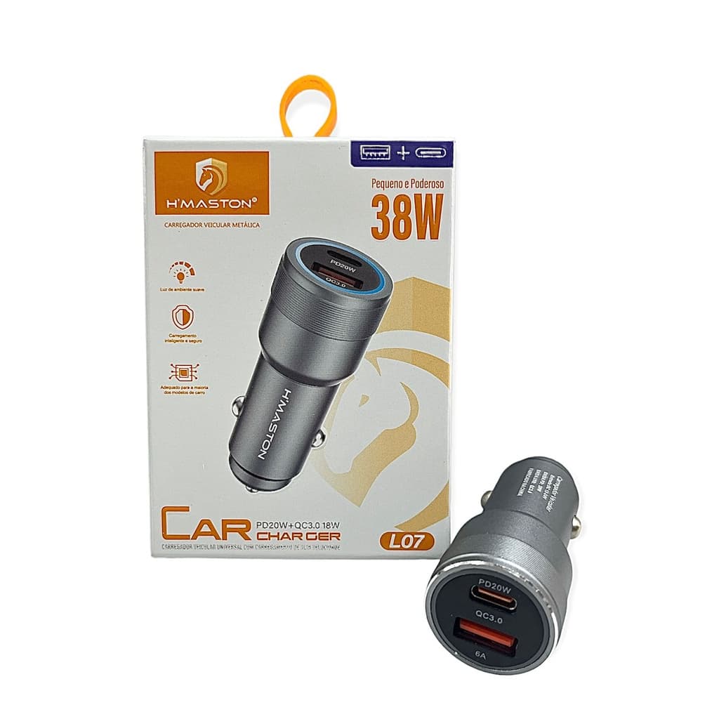 Carregador Veicular Metálica com Led Turbo 38w 2 Usb E Usb C