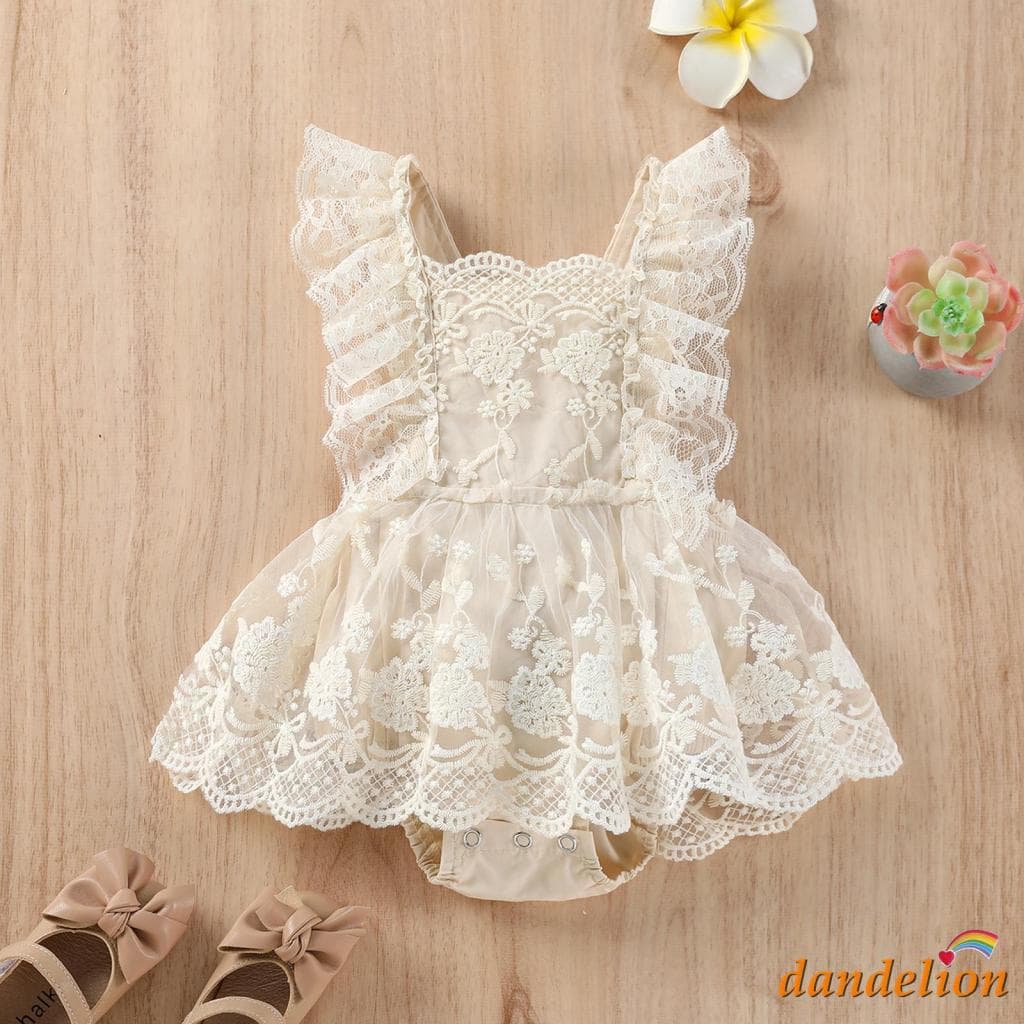 Macacão de Verão para Bebê Menina 0-24 meses, com Saia de Renda Floral Lisa Bordada em Camadas e Alças Ajustáveis