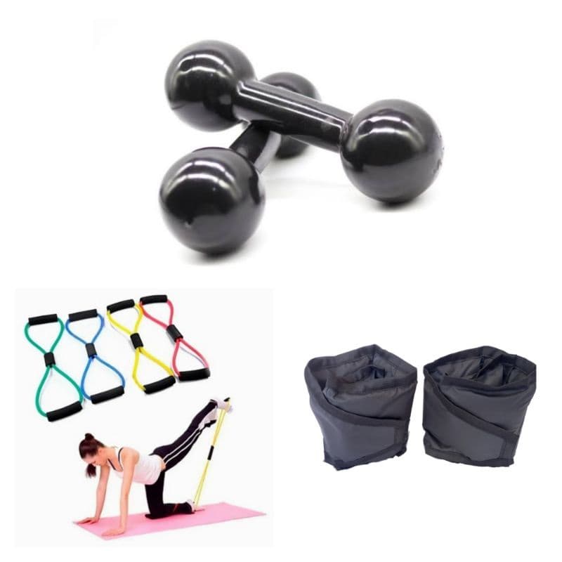 Kit Treino/Fisioterapia Haltere Emborrachado 1kg + Tornozeleira 1kg + Elástico Multifuncional