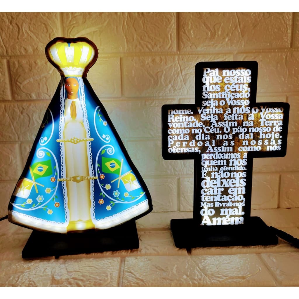 Abajur Luminária de Mesa Led Nossa Senhora Aparecida do Norte Padroeira Mãe Rainha Bivolt Pai Nosso Led Oração Deus Presente Decoração