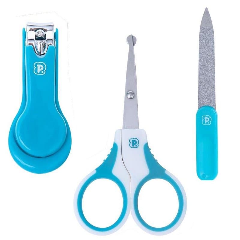 Kit Higiene Bebe 3 Peças 0+ Menino Tesoura Cortador de unha Lixa Azul Kit Manicure Basico Antialergico Cuidados Bebe Presente Enxoval Viagem Passeio Saida Maternidade