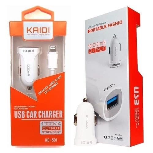 Carregador Veicular ios Usb Kaidi Kd-501 Carga Rapida  Compatibilidade:  Marca: Kaidi Modelo: KD-501 Código: 1100050 Referência: KD-501 Tamanho: 5 cm x 2,5 cm x 2 cm (Carregador) + Cabo (1 Metro) Peso: 34g Material: abs Entrada: 12/24V (Bivolt) Saída: 5V