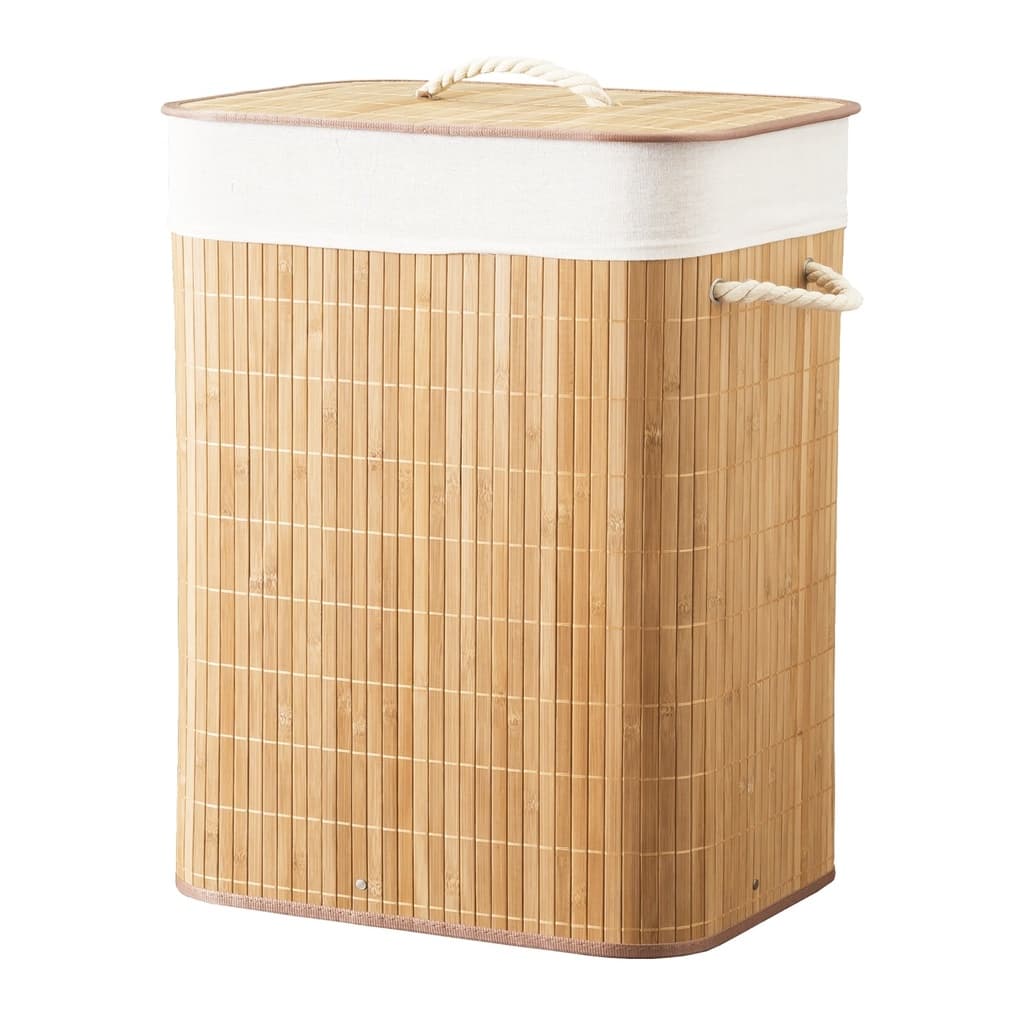 Cesto De Roupa Suja Em Bambu Forrado Com Tampa Banheiro Lavanderia Mimo Style
