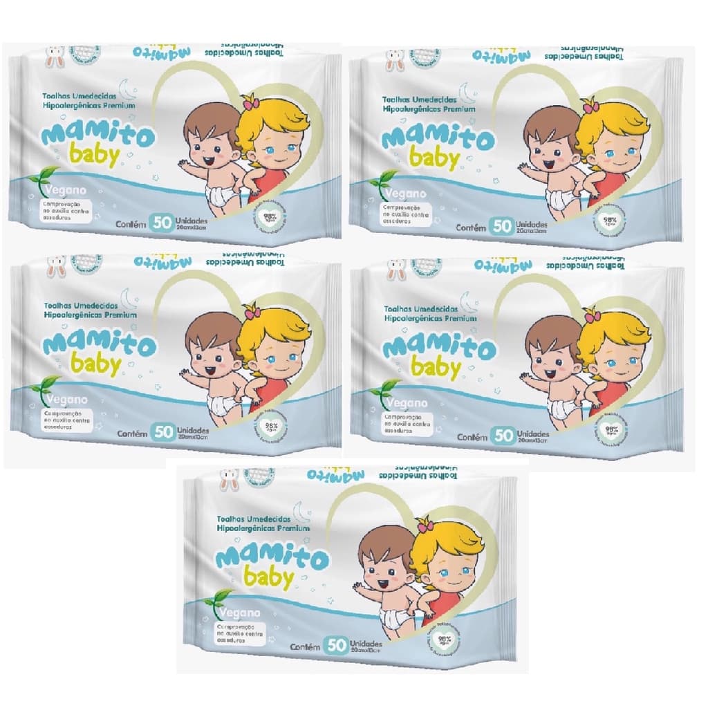 Kit com 5 - Lenços Umedecidos Mamito Baby Toalhas Umedecidas 50 Unidades Cada (total: 250 Unidades)
