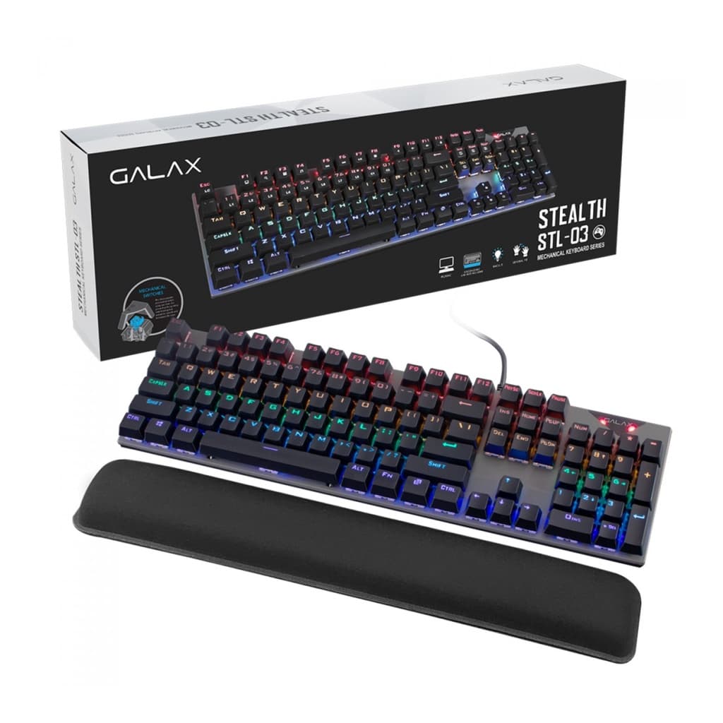 Teclado Gamer Mecânico Galax Stealthy STL-03 Blue RGB Metal C/ Apoio de Pulso Preto KGS0314T1MR1BBK0