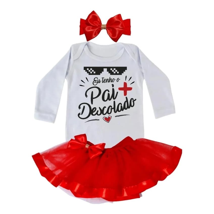 Conjunto Tutu Dia Dos Pais Bebê Menina Body Manga Longa + Saia + Laço Bebê Menina Roupa Infantil