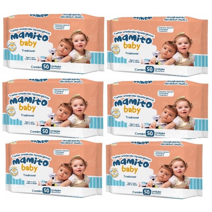Kit com 6 - Lenços Umedecidos Mamito Baby Toalhas Umedecidas 50 Unidades Cada o legitimo