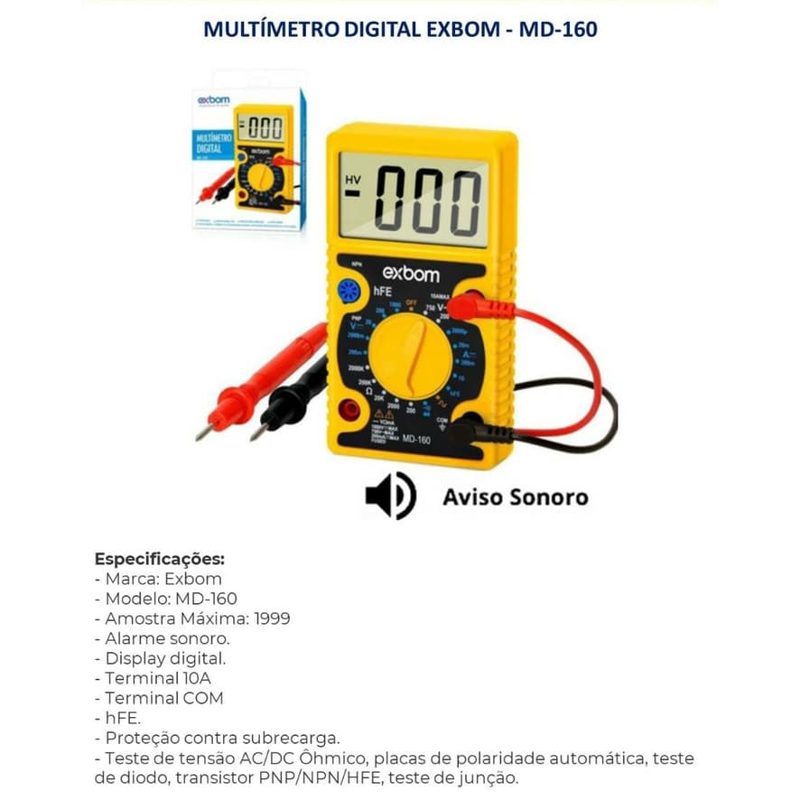 Multímetro Digital Profissional Portátil com Beep MD-160 Exbom