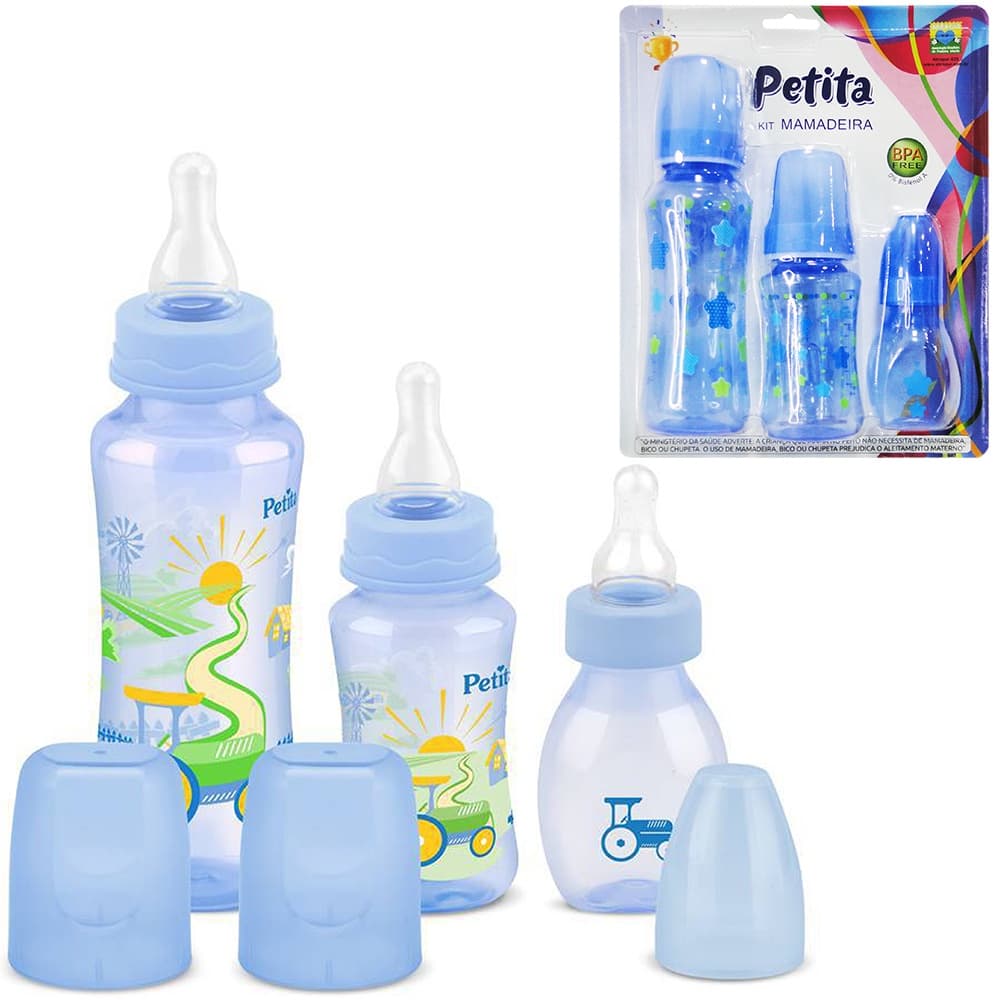 Kit com 3 Mamadeiras Cinturadas com bico Cristal Azul, Estampas Sortidas