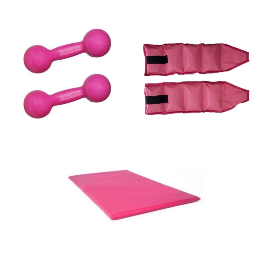 Kit Treino Em Casa Completo Par Halter Peso 3 Kg Rosa Emborrachado+Par Caneleira 2 Kg+Colchonete
