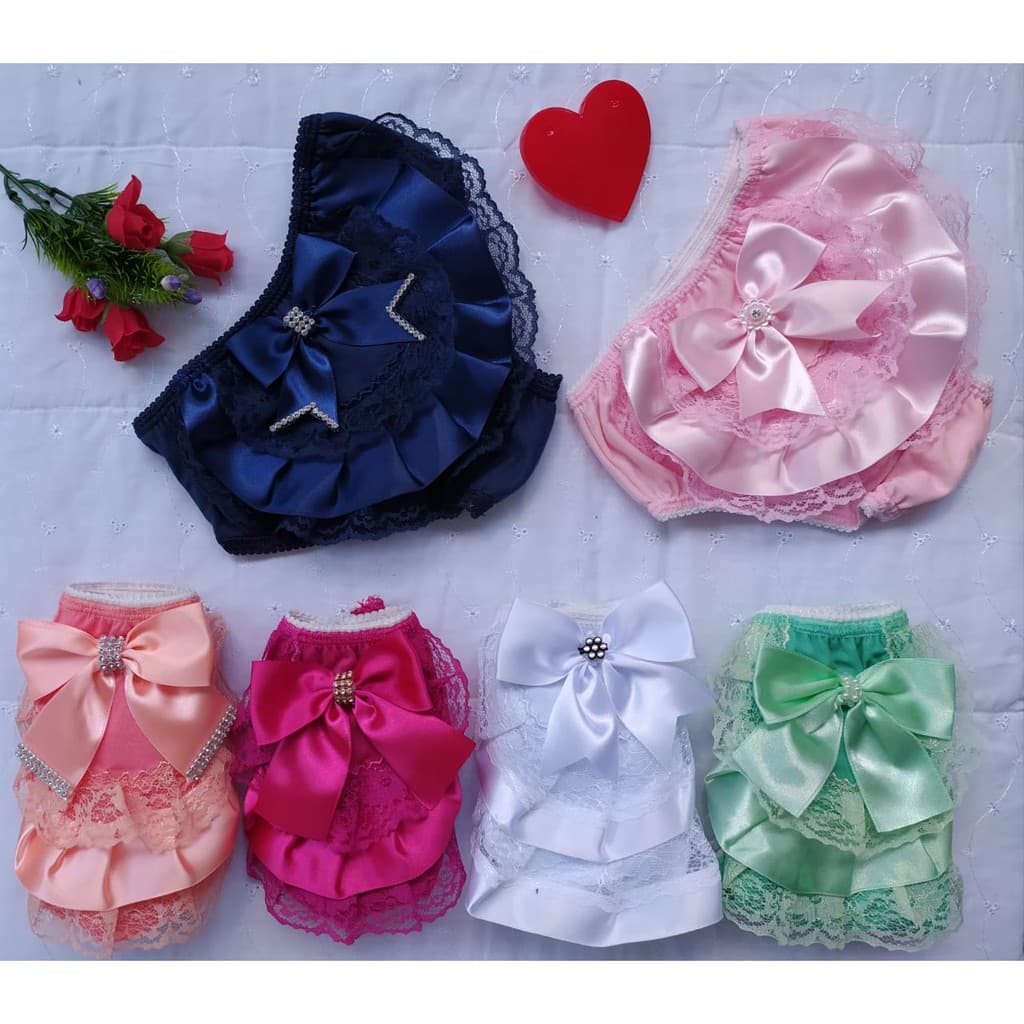 Kit 5 Calcinhas Infantil Bunda Rica Renda e Fita de Cetim Bebê Menina