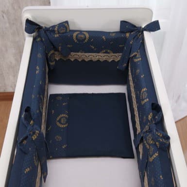 Kit para Mini Berço Bebê Menino Colchão 38cm 3pçs Kit para mini berço de Bebê Azul Marinho Coroa Dourada 5pçs
