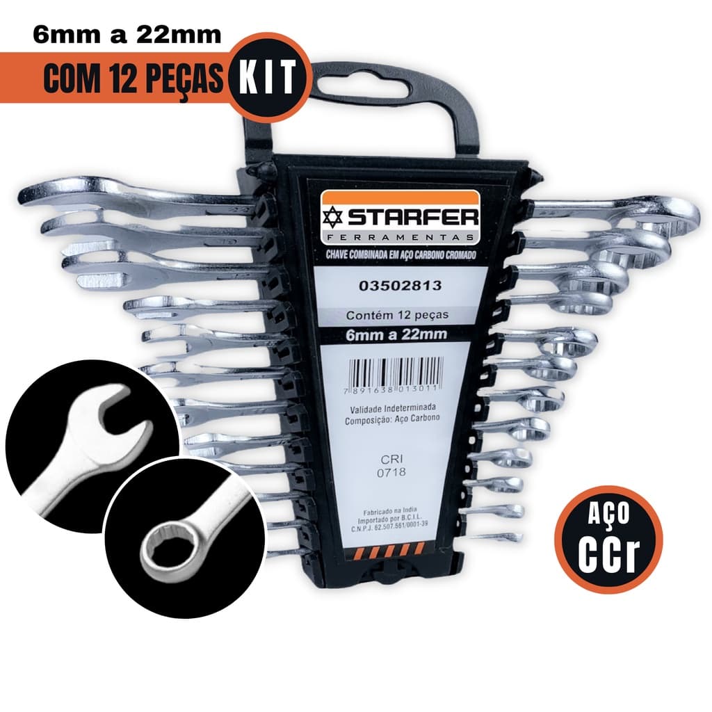 Jogo Kit Chave Combinada Completo 6 À 22mm Starfer 12 Peças