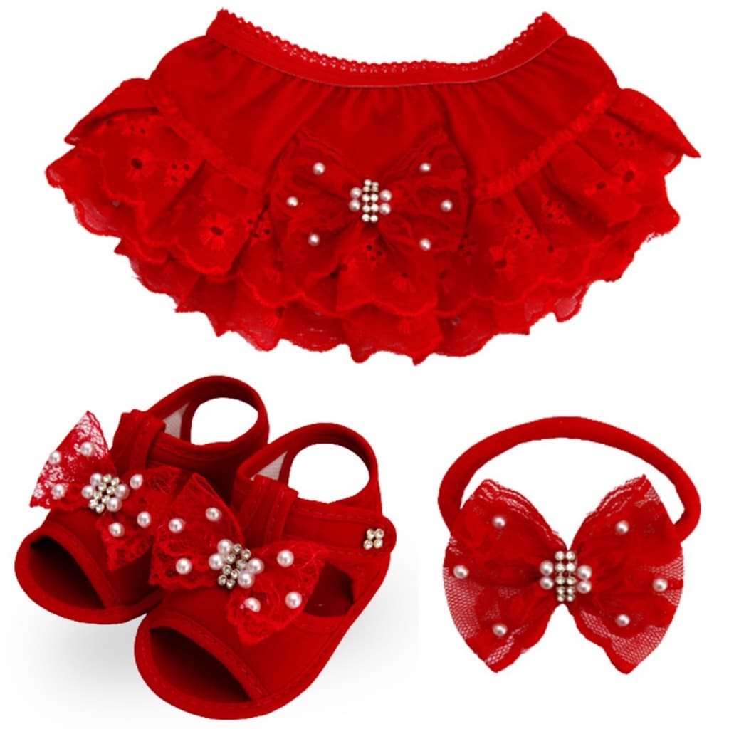 Kit de Bebê - Sandália de Bebê, Calcinha Tapa Fraldas e Faixa de Cabelo -Laço Renda - Recém Nascida