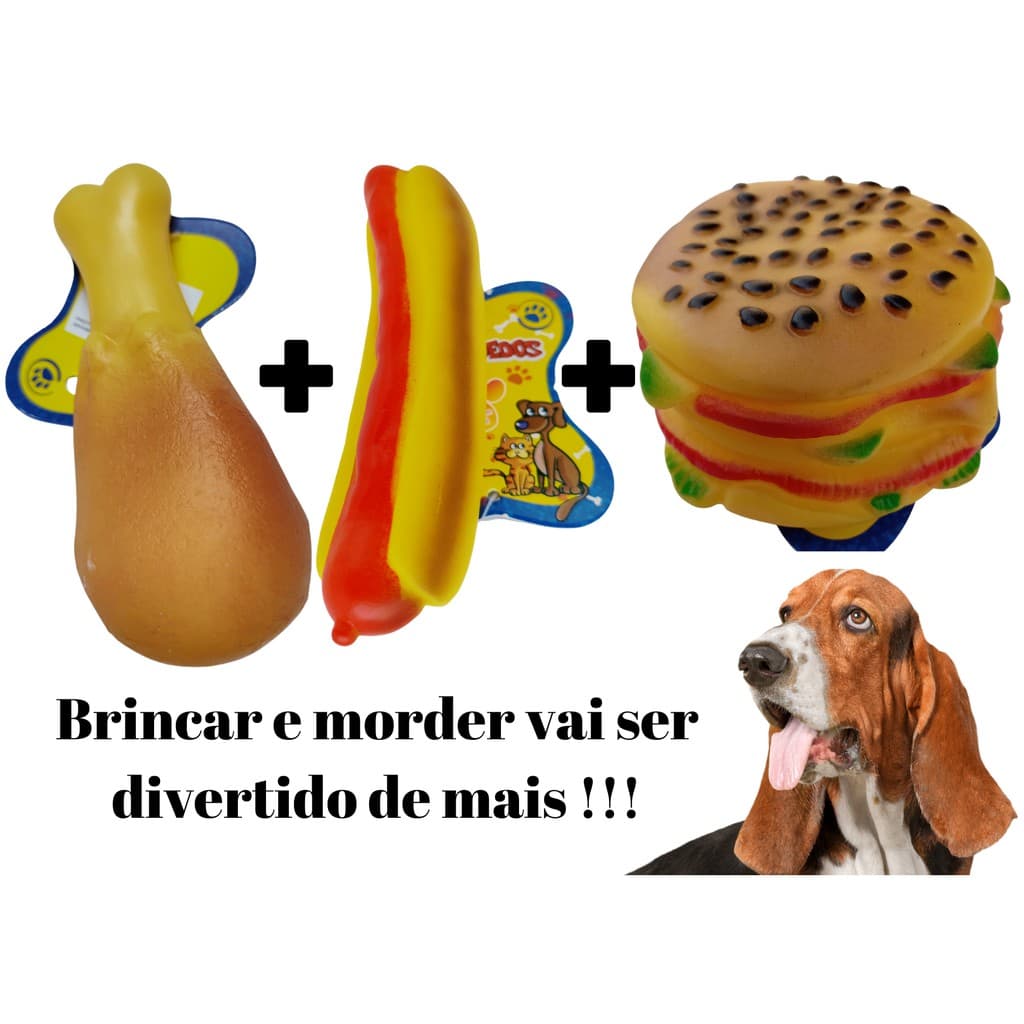KIT Coxa de Frango + Salsicha + X Burger, Brinquedo Mordedor Para Cães / Cachorro Coxa De Frango Sonoro, Brinquedos para cachorros, seu animal PET vai adorar, para se divertir, osso de borracha, acessorios para dia a dia, pra filhotes, filhote Top Dog