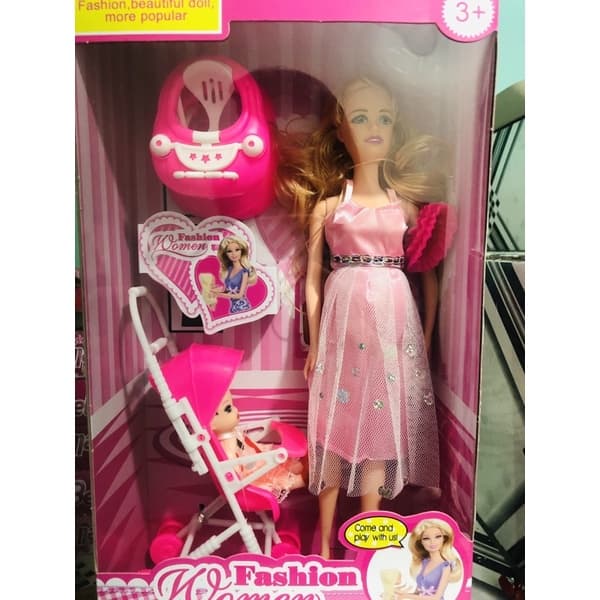 Boneca Grávida +bebê na barriga + acessório+ carrinho de bebê