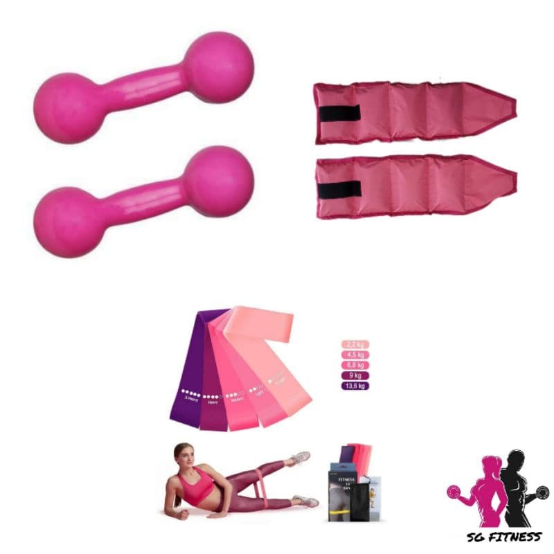 Kit Treino Par Halter Peso Emborrachado 2 Kg Rosa + Par Caneleira 2 Kg Rosa + Kit Theraband 5 Elásticos