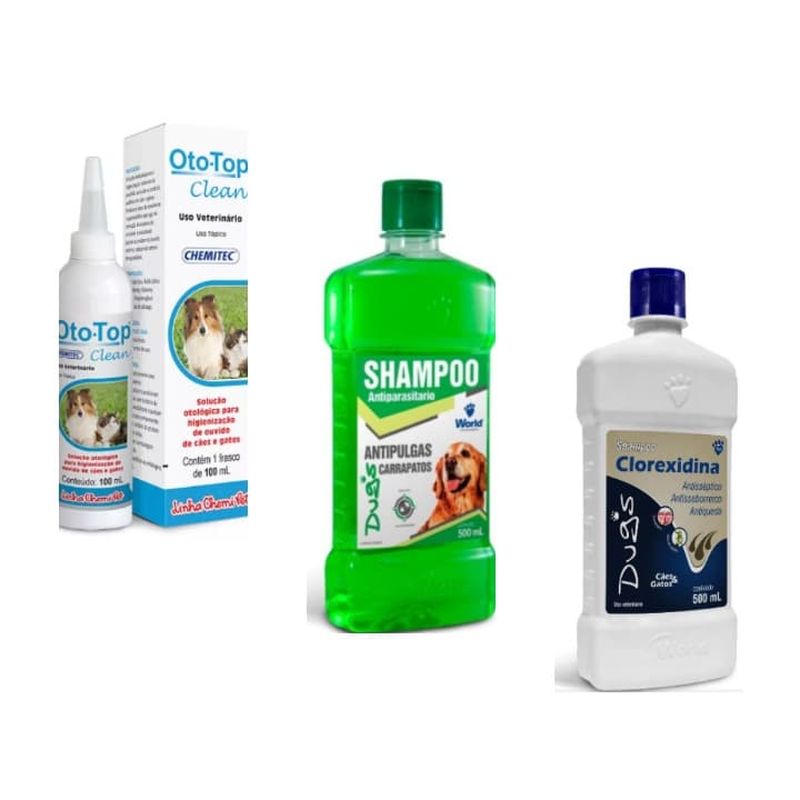 Shampoo Dugs + Shampoo Clorexidina + ototop ( Kit higiene para cães e gatos )