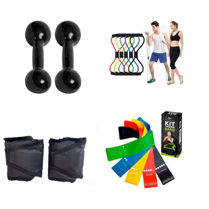 Kit Funcional Treino Par Halter 1Kg + Par Caneleira 1 Kg + Kit Theraband + Elástico Multifuncional