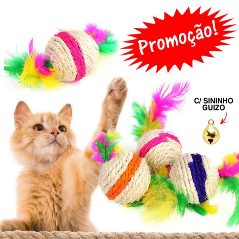 Bola de sisal Pet brinquedo para gatos com penas coloridas e sisal