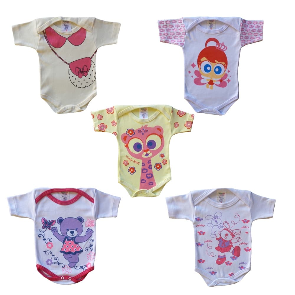 Kit 5 Bodys Bebê Tecido 100% Algodão Manga Curta Body Para Bebe Kit Maternidade Enxoval  Menina