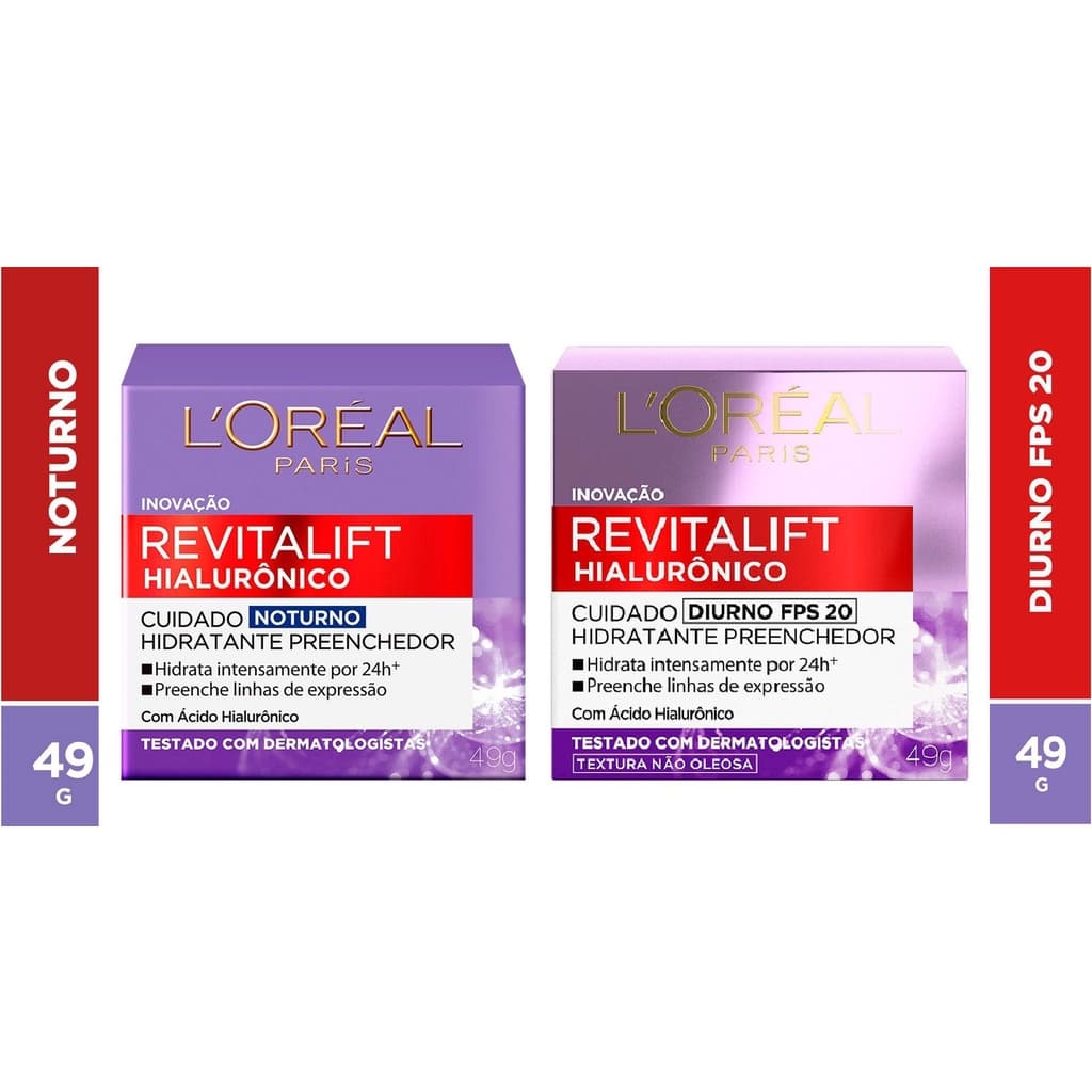 Creme Anti-idade Loreal Paris Revitalift Hialuronico Kit 1 Noturno + 1 Diurno 49g cada