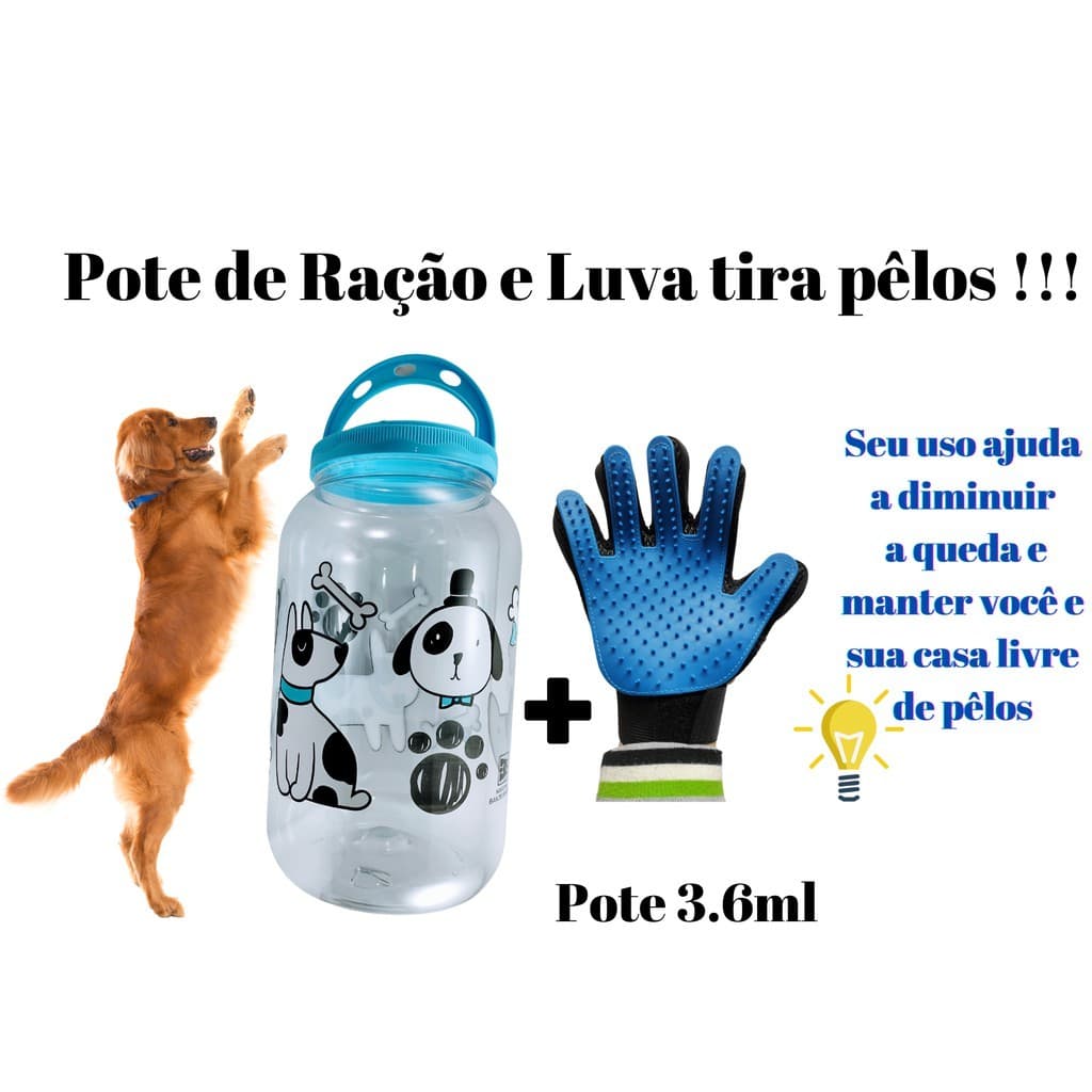 KIT Pote Porta Ração 3.6 + Luva Tira Pêlos, Cachorros  Cães Gato gatos Com Alça - Para Armazenar Ração do seu PET