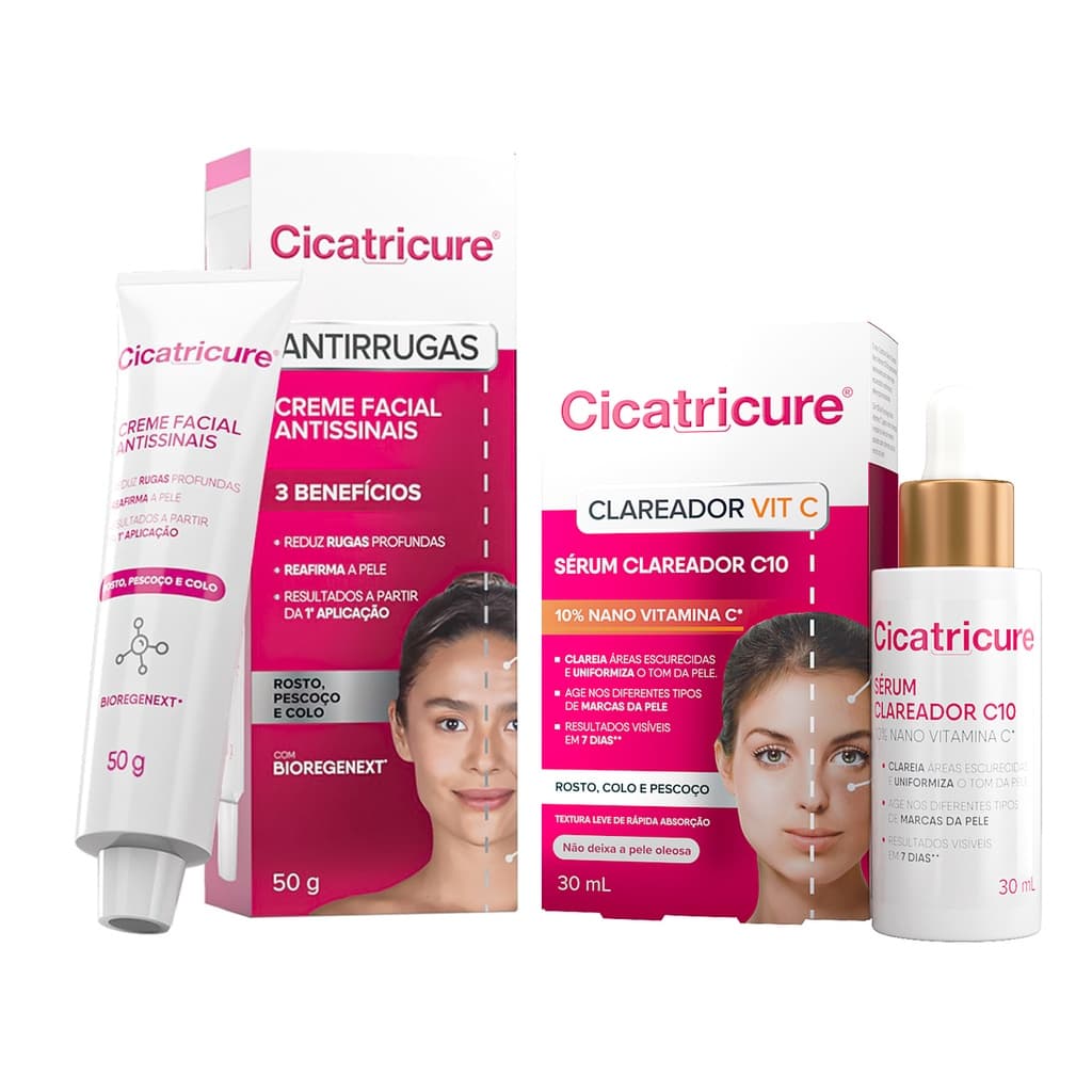 Kit Sérum Clareador Vitamina C 30ml + Creme Facial Antissinais BioRegenext 50g Cicatricure - 2 Itens