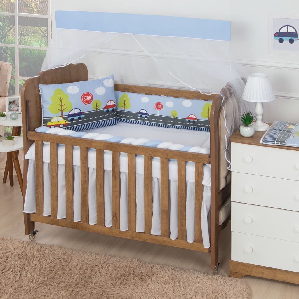 Kit De Berço Americano Estampado Trança 06 Peças Diversos Enxoval Bebê Menino Menina Algodão Protetor Quarto Luxo Macio