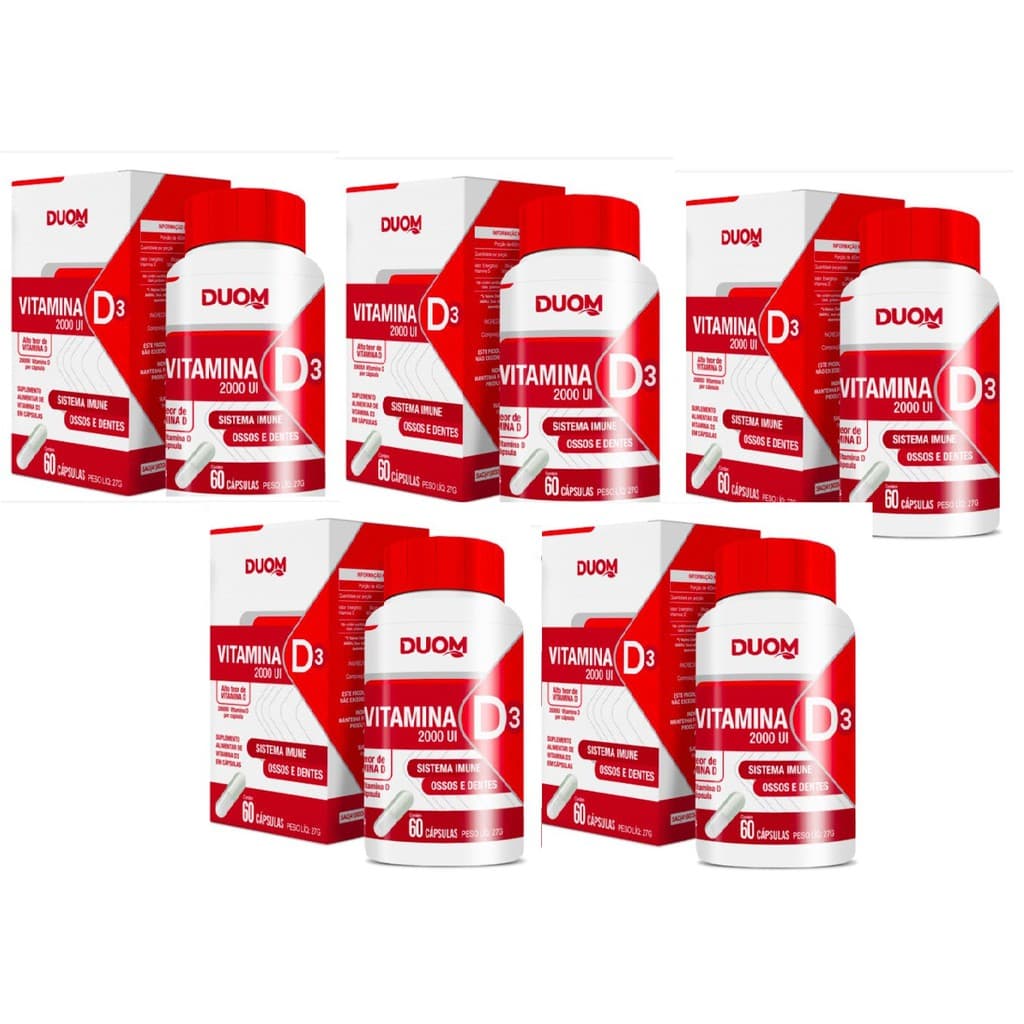 Kit com 5 Vitamina D3 2000UI Alto Teor de Vitamina D 1 Cápsula ao Dia Duom 60 Cápsulas Orig