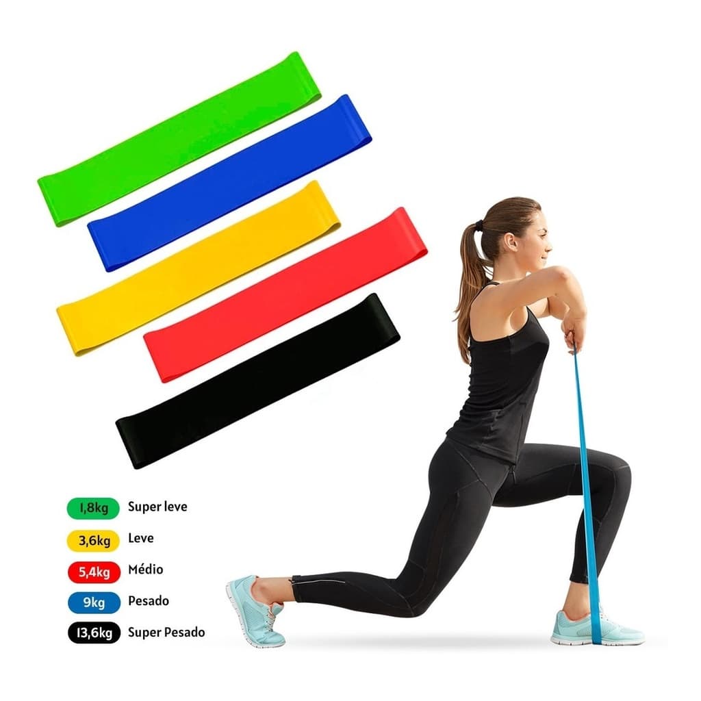 Kit 5 Faixas Elástica Resistência Mini Band Treino Yoga Pilates Academia Musculação Fortalecimento