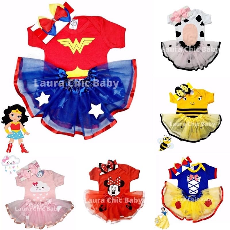 Kit Body + Saia + Laço Bebê Fantasia Mesversario Menina -- Kit 3 Peças