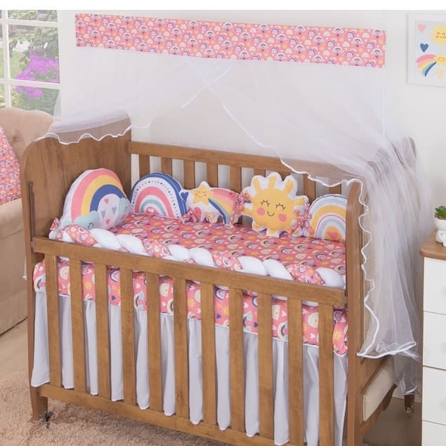 Kit Protetor de Berço 10 Peças Enxoval Bebê Menina Arco Iris