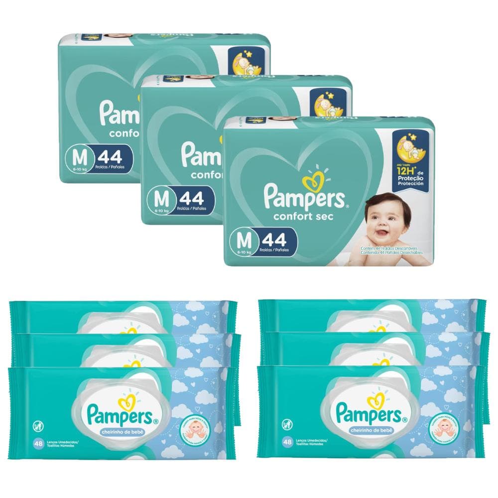 Kit Fralda Pampers Confort Sec Tamanho M com 132 unidades + Lenços Umedecidos Pampers Cheirinho de Bebê com 288 unidades