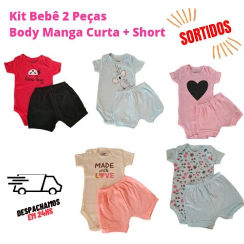 Conjunto Body Bebê e Short Tapa Fralda Menina - 100% Algodão Suedine - Estampas Sortidas -Tamanho P M G GG - Roupa para Bebê Barata - Enxoval Bebê - Verão Menina - Conjunto Body Menina