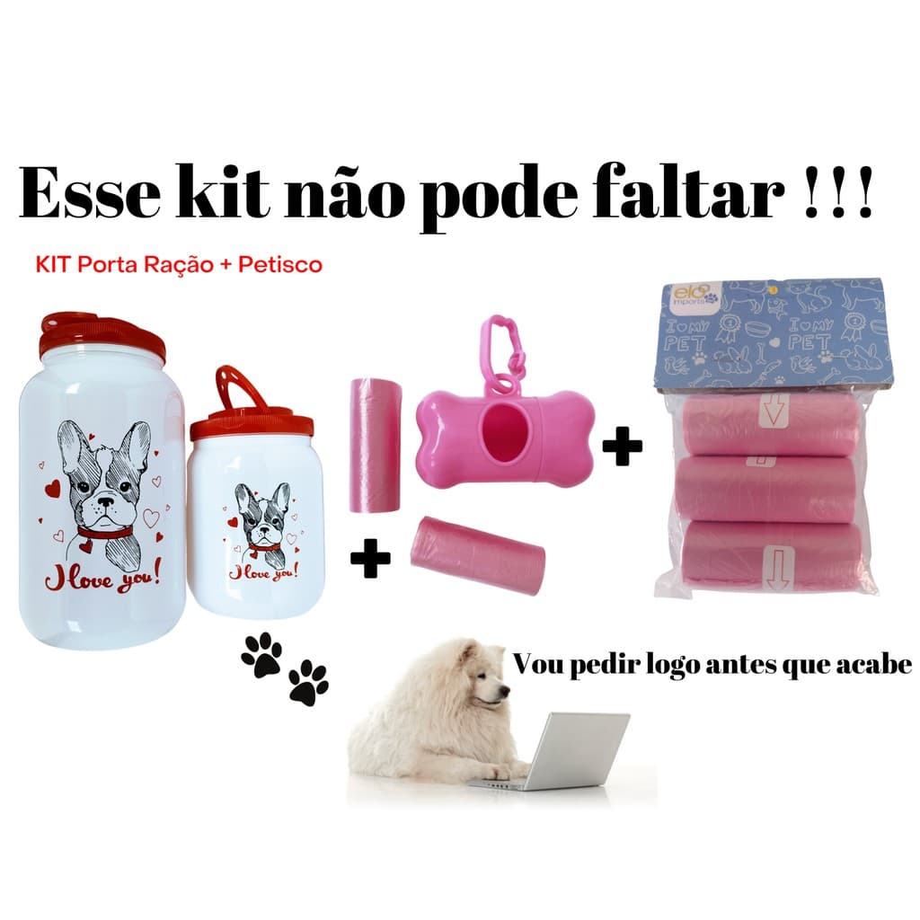 KIT Potes Porta Ração 3.6 + Porta Petisco 1.7 + Coletor Cata – Caca + Refil três rolinhos, para seu cachorro - cães - Para Armazenar Ração do seu PET, deixe seus cachorros e cães com este acessorio essencial para seu animal, filhote, filhotes TOP
