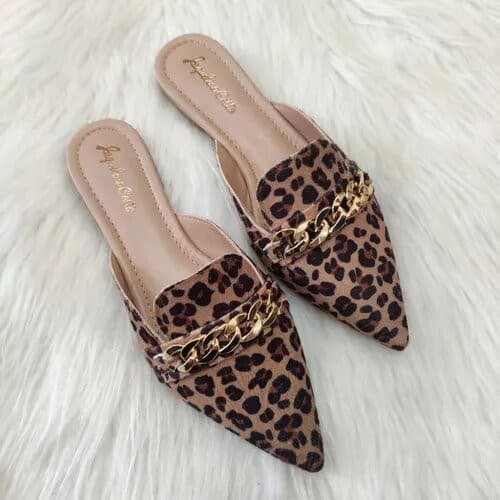 Mule Sapatilha Animal Print Onça Corrente Dourada Tendência Confortável Jaqueline Costa Calçados