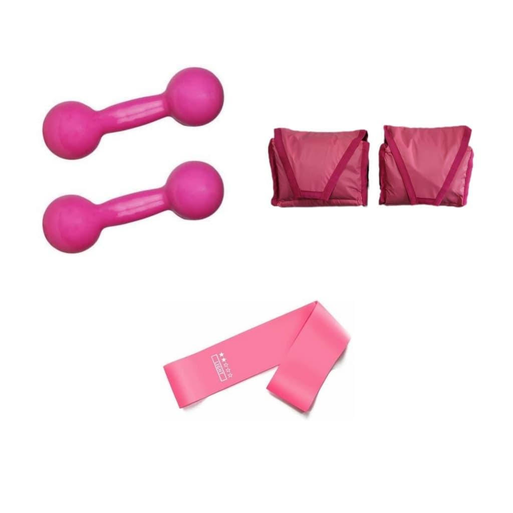 Kit Treino Funcional Par Halter 2 Kg Rosa + Par Tornozeleira 3 Kg + Theraband Treino