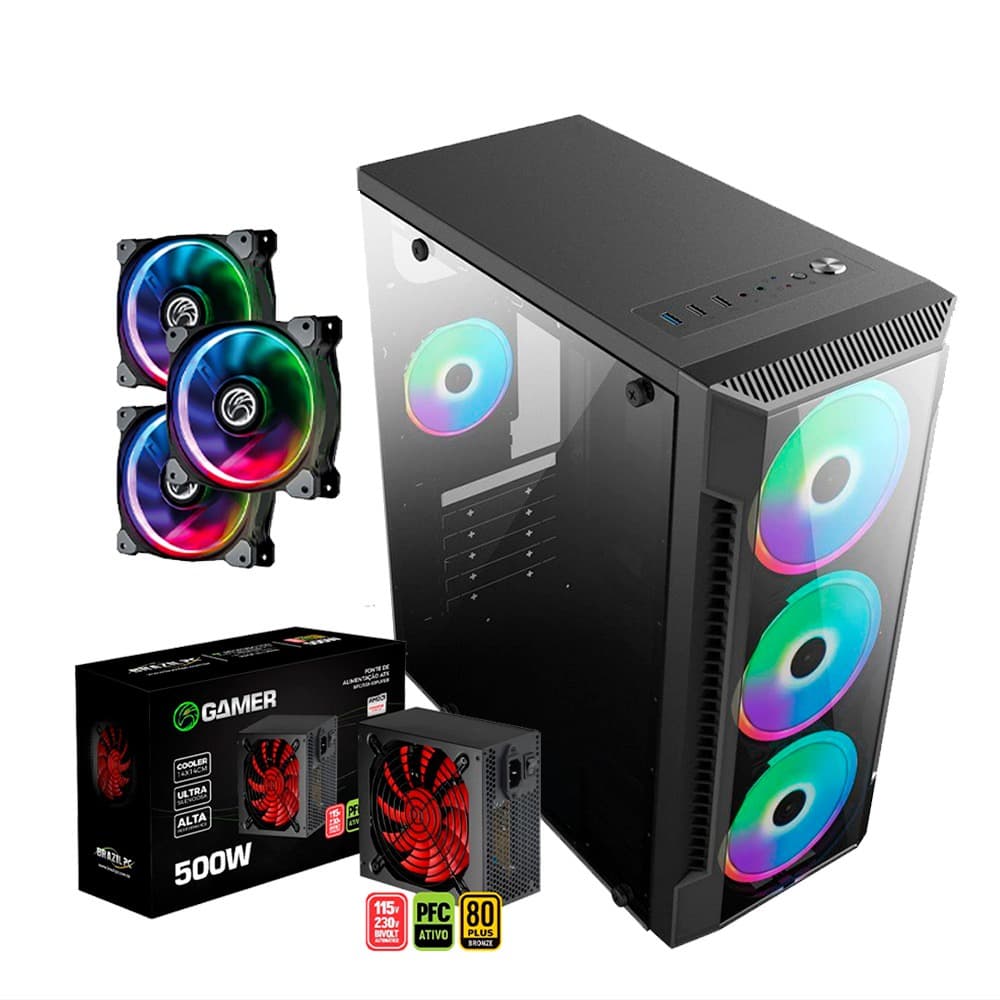 Kit Gabinete C3147 Gamer + Fonte 500w 80 Plus e Kit 3 Coller Gamer ARGB - Brazilpc- C/ Lateral de Vidro