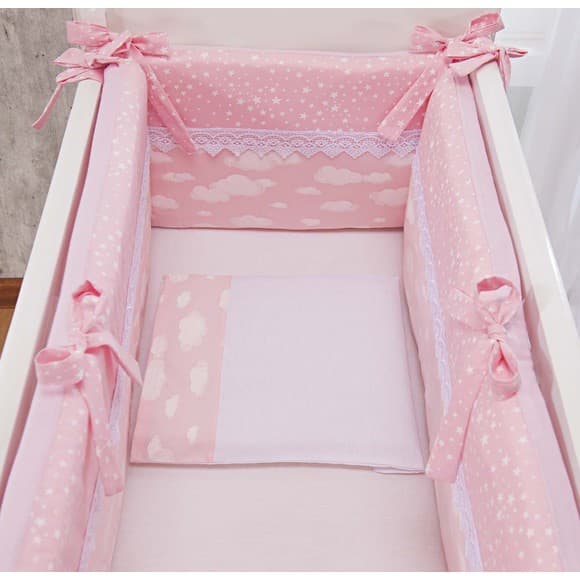 Protetor para Mini Berço de Bebê Menina Rosa e Branco Nuvens Kit Para Mini Berço Menina Nuvens Rosa e Branco 3pç