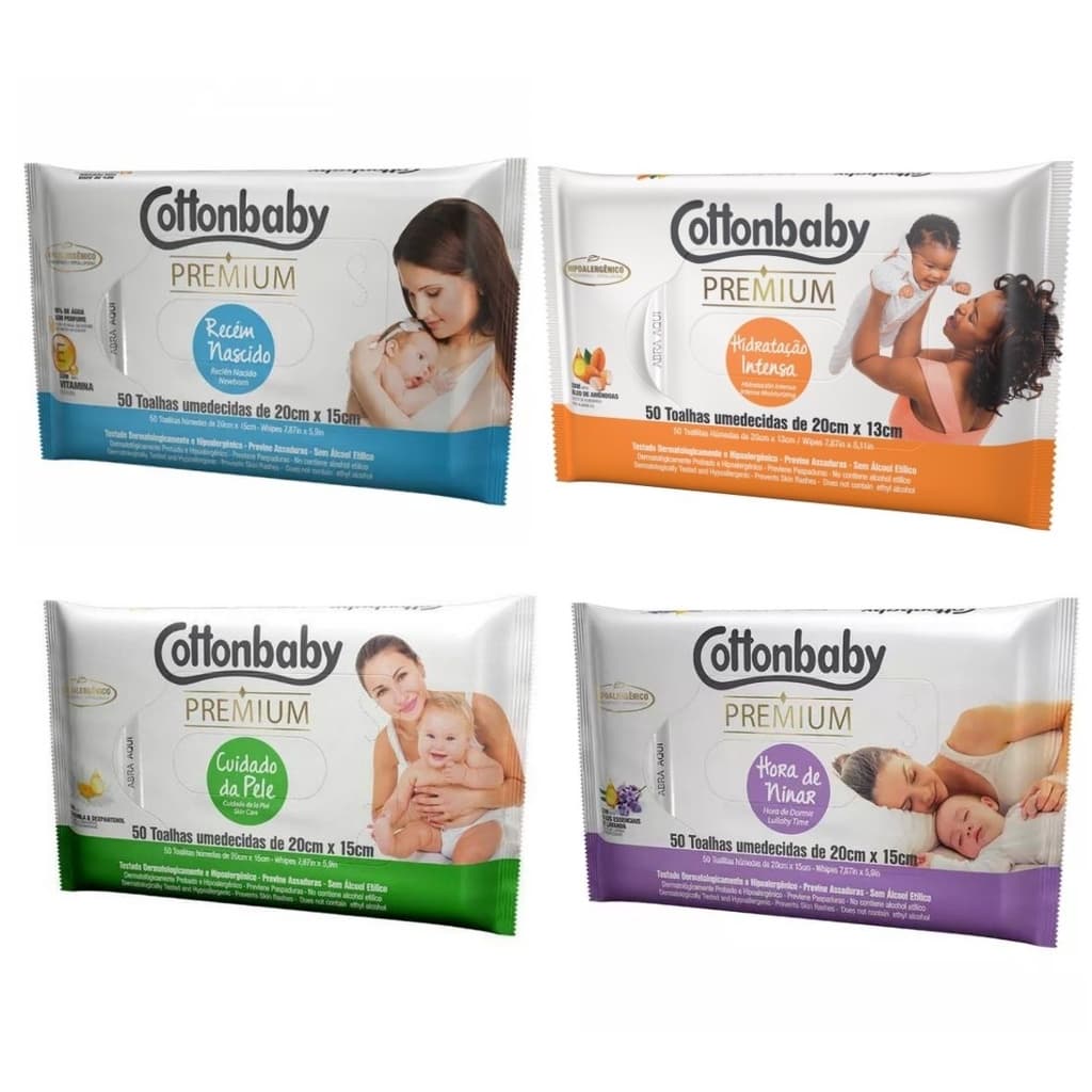 Kit c/6un Pacotes Toalha em Lenço Umedecido CottonBaby Premium C/50