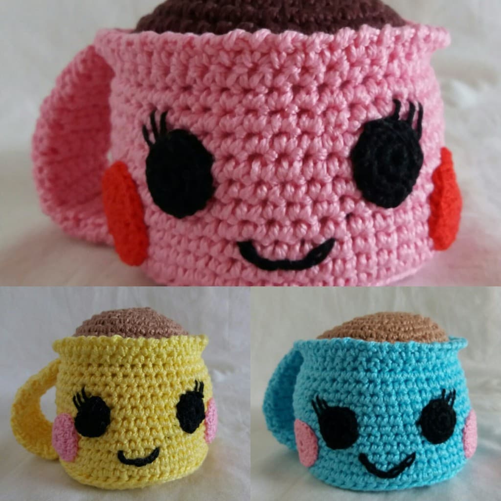 Xícara Bochechinha Porta Agulhas e Alfinetes Amigurumi em Crochê Rosa Amarela ou Azul Feito a Mão