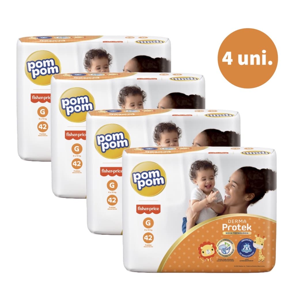 Kit com 4 Pacotes Fralda Descartável Pom Pom Derma Protek Mega