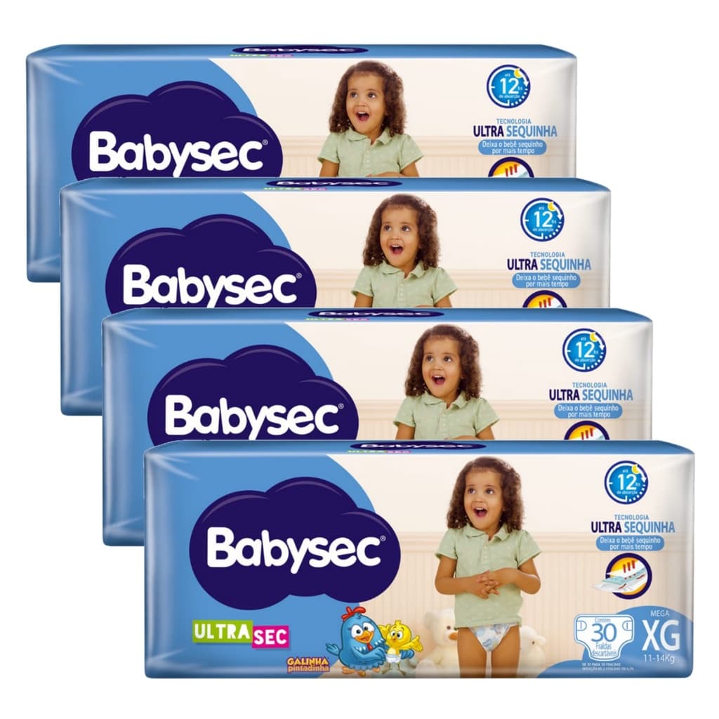 Fralda Descartável Kit com 4 Pacotes Babysec Galinha Pintadinha - Tam XG (11 a 14kg) - 120 Unidades